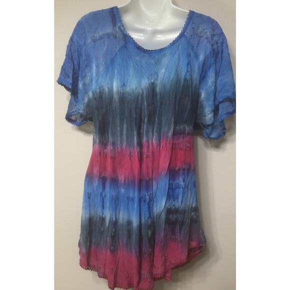 Sakkas Blouse Women’s Turquoise Tie Dye Top Short Sleeve V-Neck One Size NEW - Picture 5 of 9
